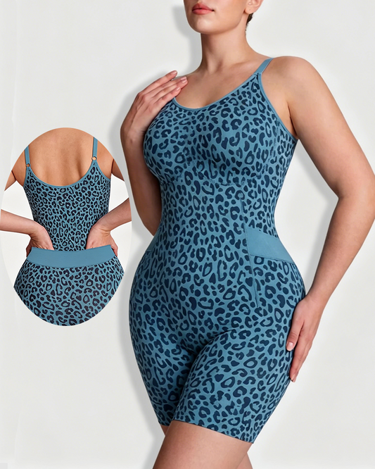 Leopard Print Open-Back Compression Bodysuit with Butt Lifting