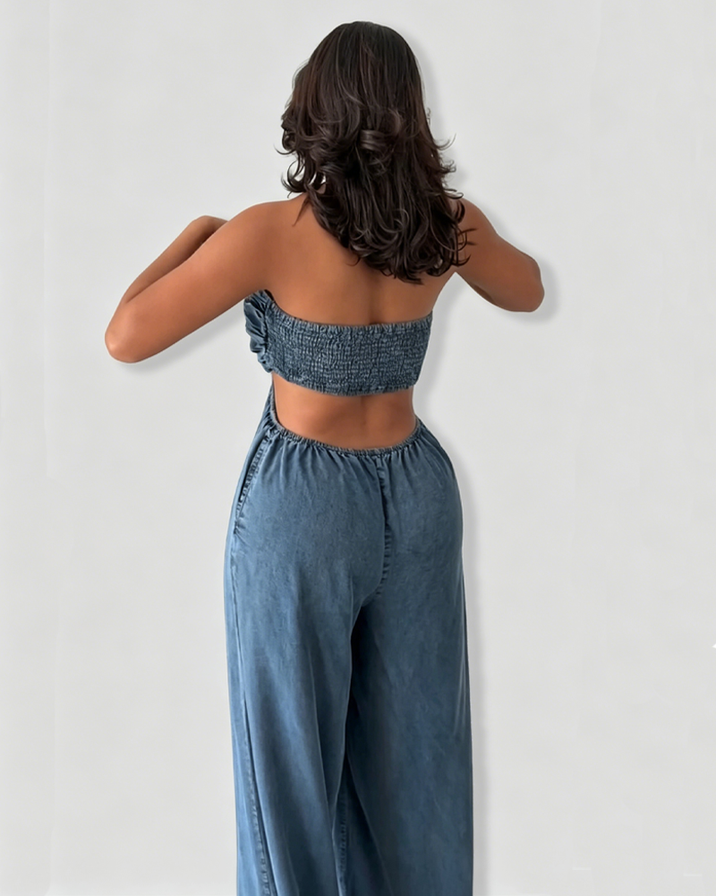 Halter Cutout Side Denim Wide Leg Jumpsuit