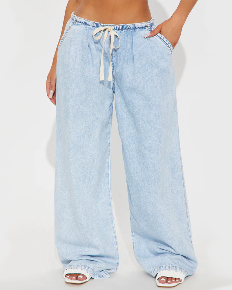 Light Wash Drawstring Elastic Waist Wide Leg Denim Casual Pants（Pre-Sale）