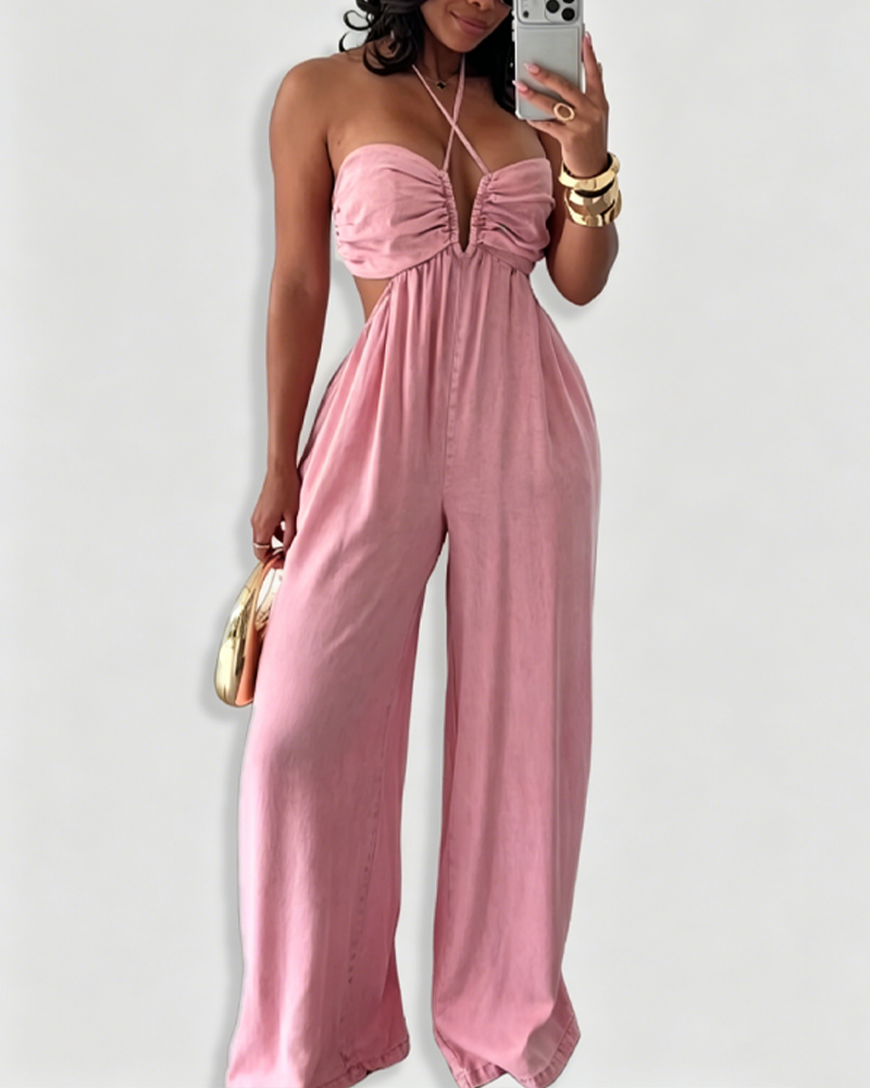 Halter Cutout Side Denim Wide Leg Jumpsuit