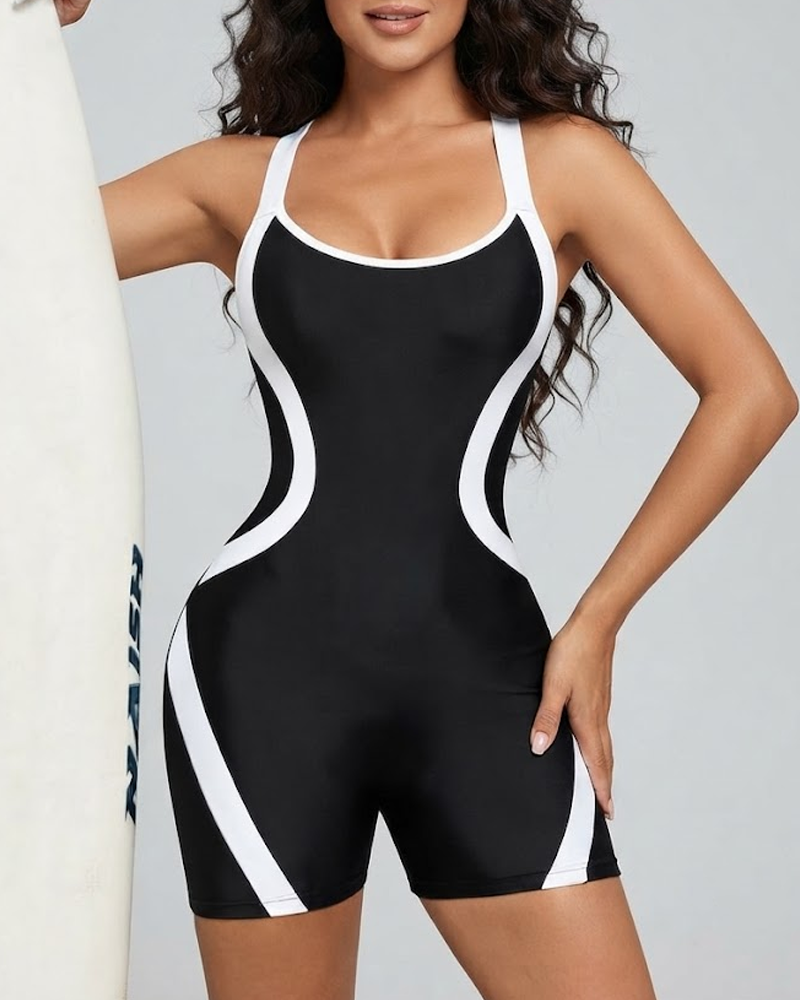 Fashion Color Block One Piece Boyshort Swimsuit Athletic Sport Swimwear