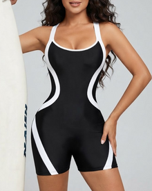 Fashion Color Block One Piece Boyshort Swimsuit Athletic Sport Swimwear