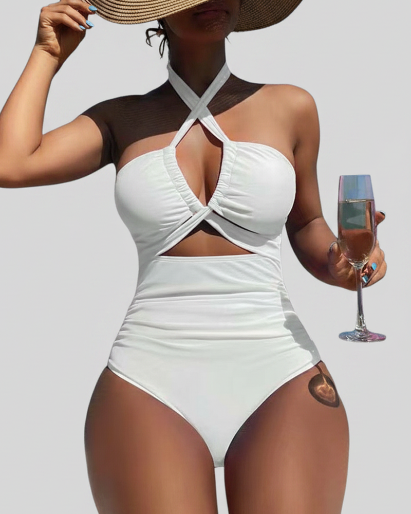 Deep V Cutout Ruched One Piece Swimsuit with Crisscross Open Back
