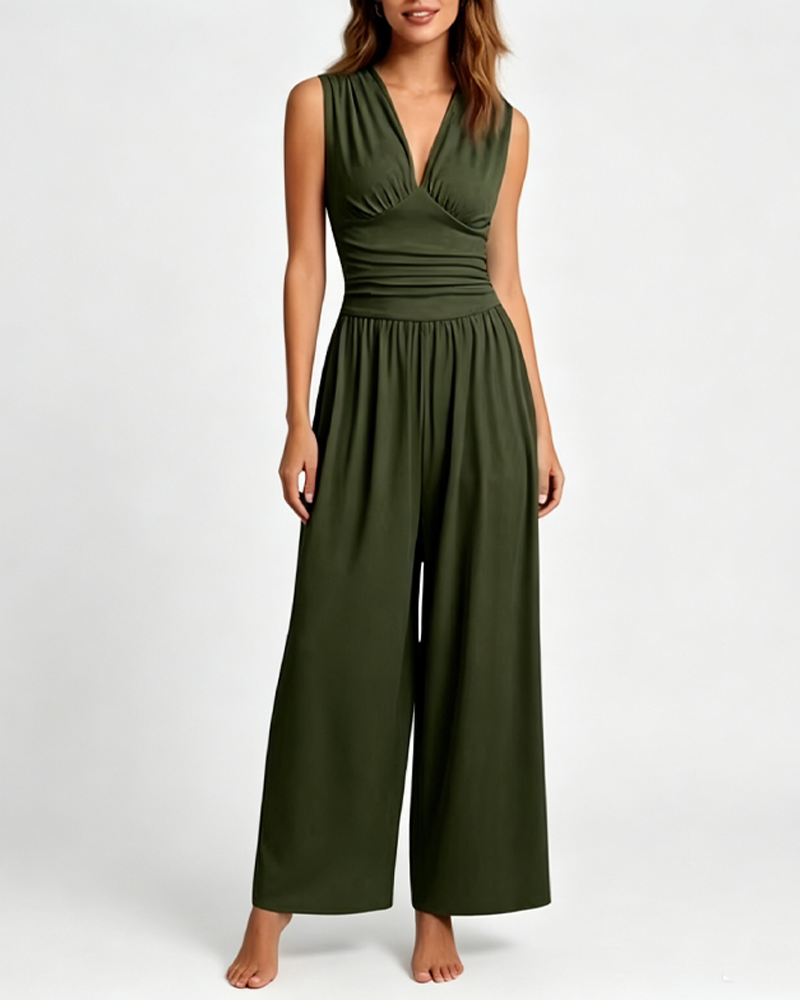 Ribbed Deep V Ruched Slim Fit Wide Leg Solid Jumpsuit