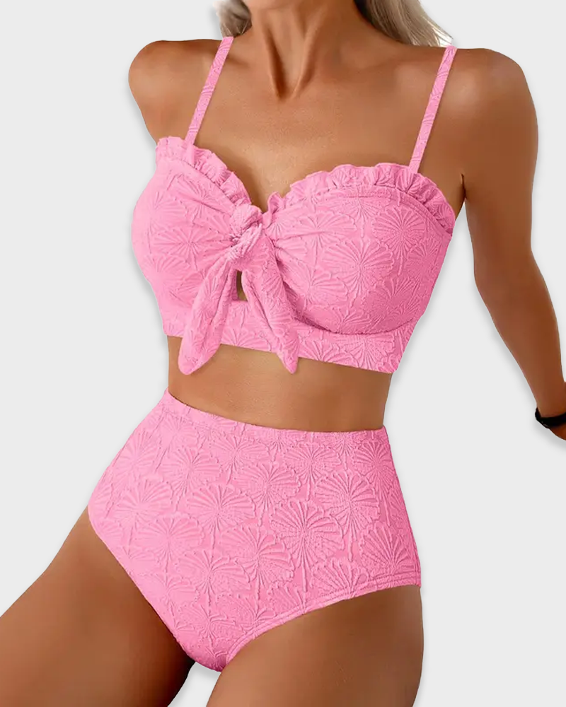 Ruffled Front Self Tie Shell Print Textured 2 Piece Bikini Swimsuit Set
