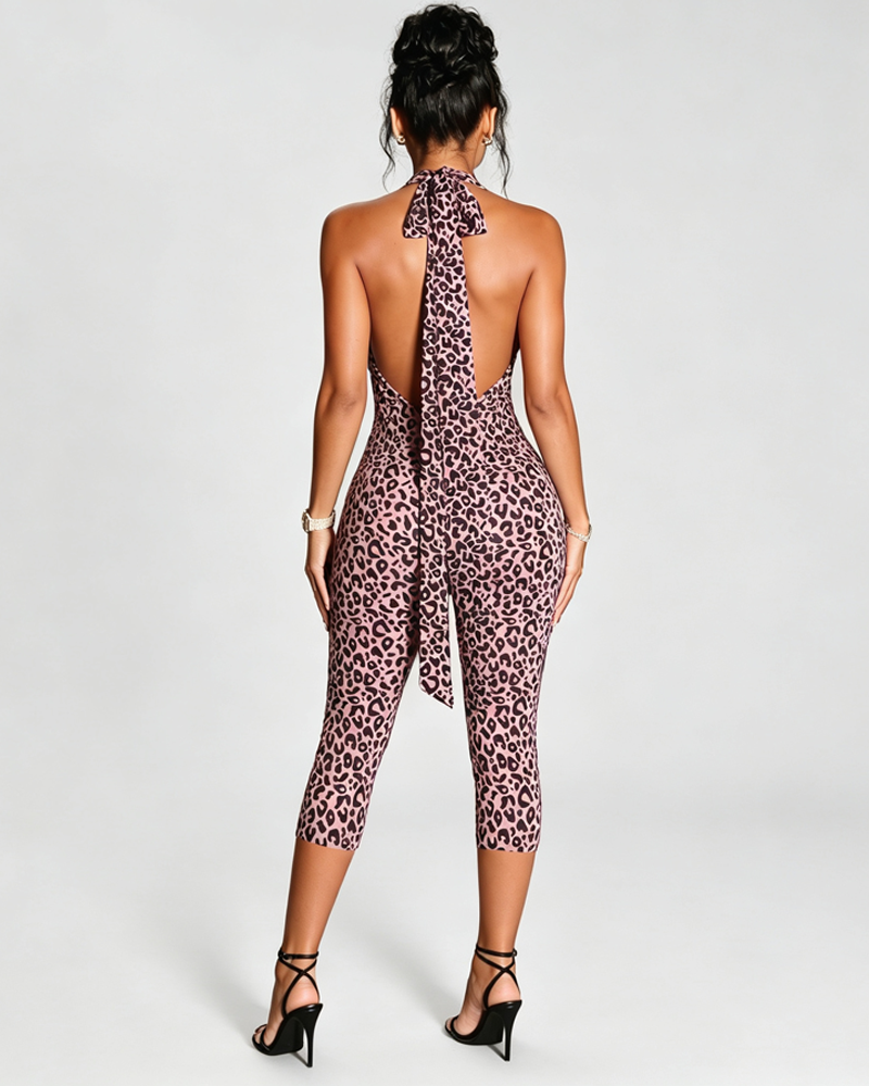 Slim Leopard Print Halter Open Back Capri Jumpsuit