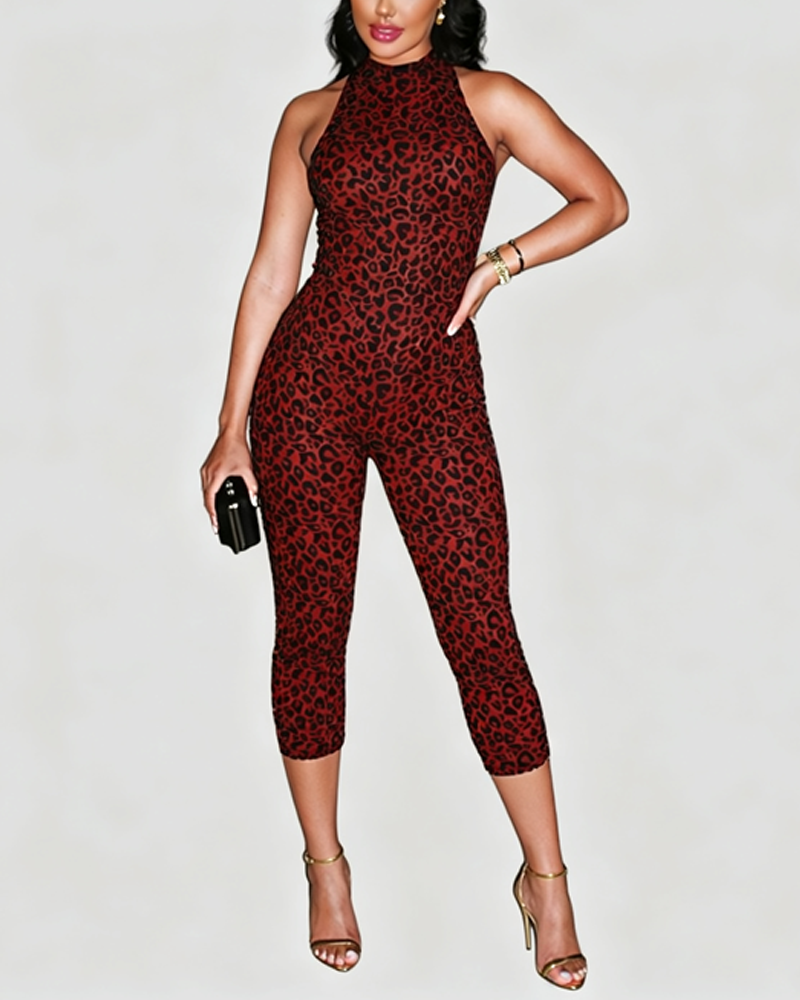 Slim Leopard Print Halter Open Back Capri Jumpsuit