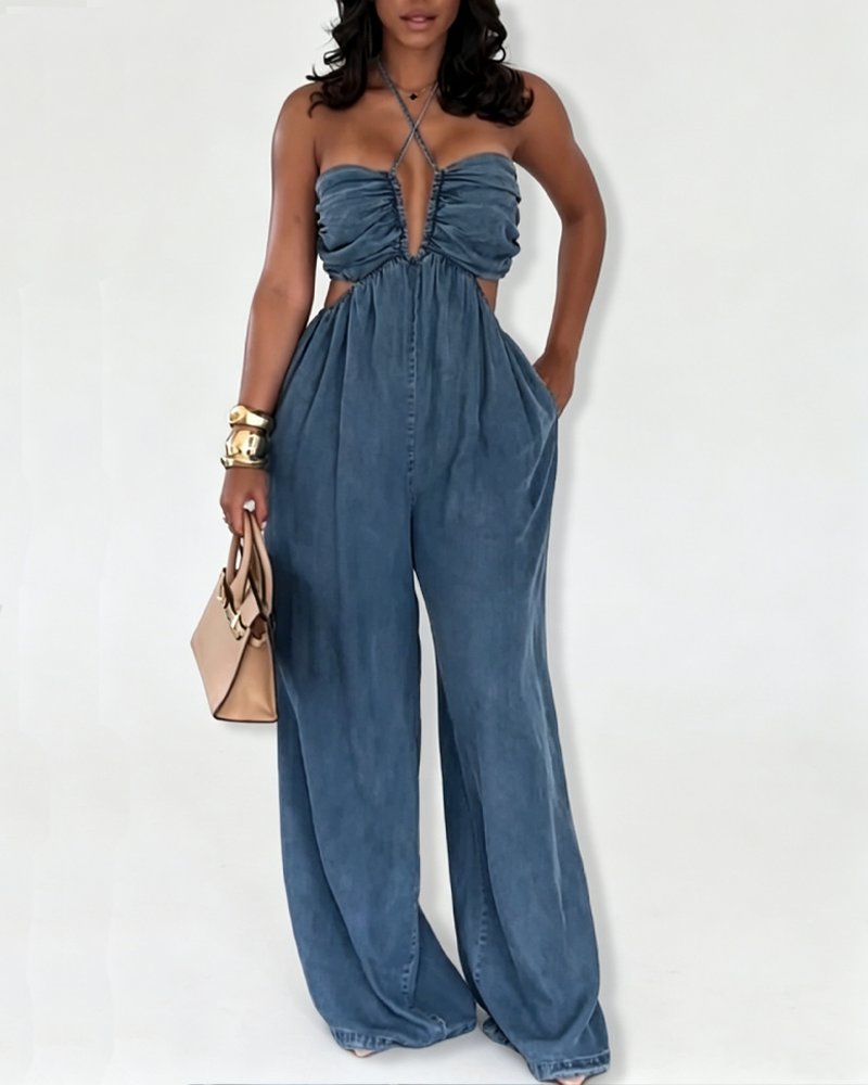 Halter Cutout Side Denim Wide Leg Jumpsuit