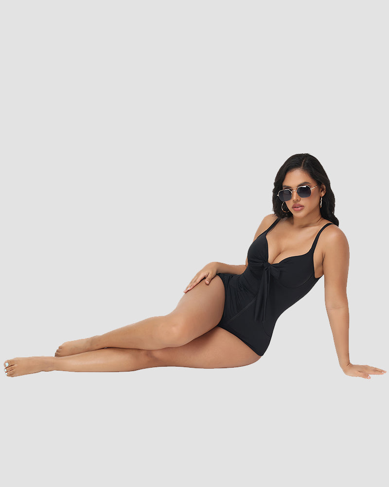 Shaping Deep V Neck Swimsuit with Zipper and Bow Decoration