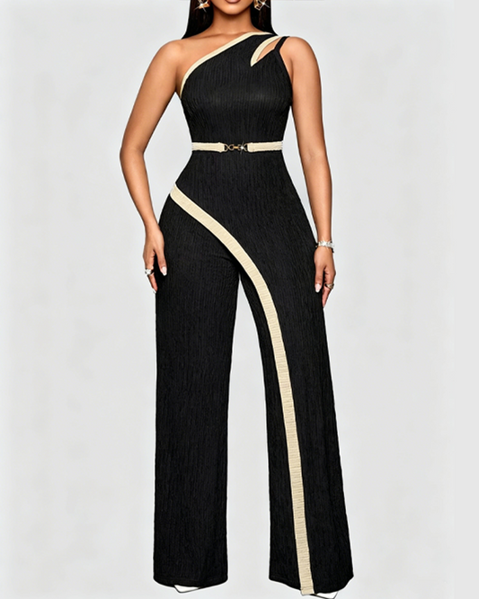 One Shoulder Cutout Wide Leg Waist Belt Jumpsuit