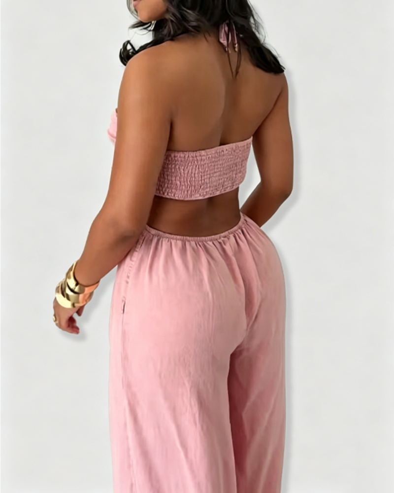 Halter Cutout Side Denim Wide Leg Jumpsuit