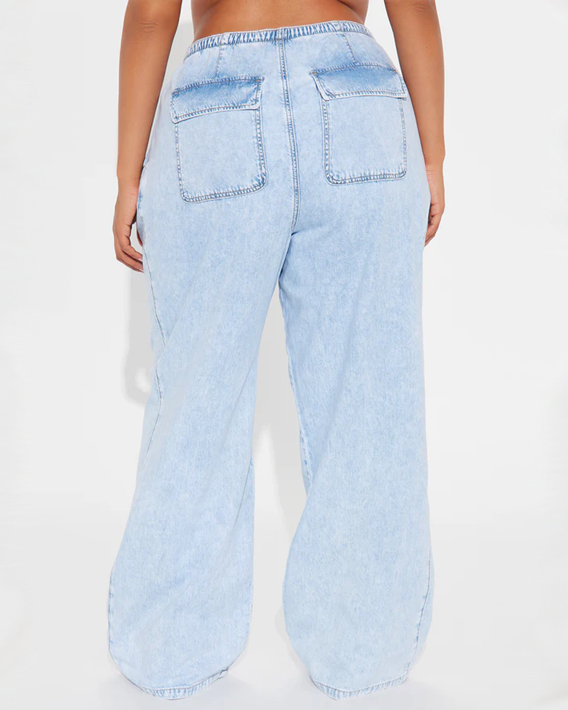 Light Wash Drawstring Elastic Waist Wide Leg Denim Casual Pants（Pre-Sale）