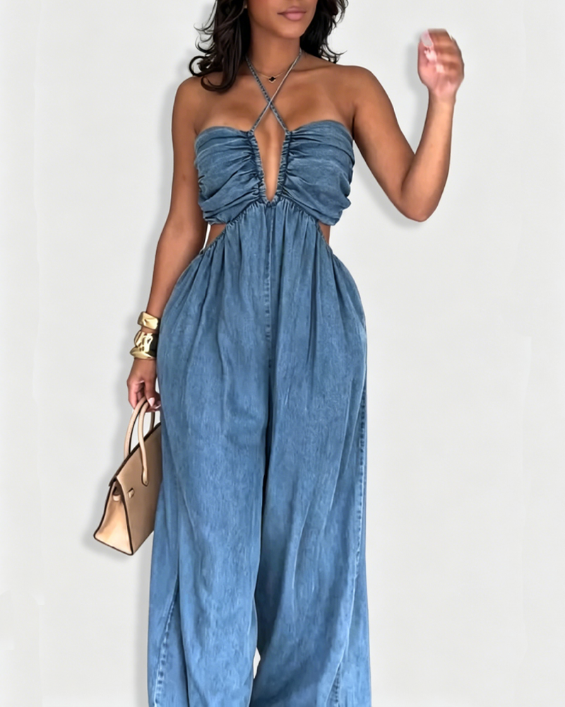 Halter Cutout Side Denim Wide Leg Jumpsuit