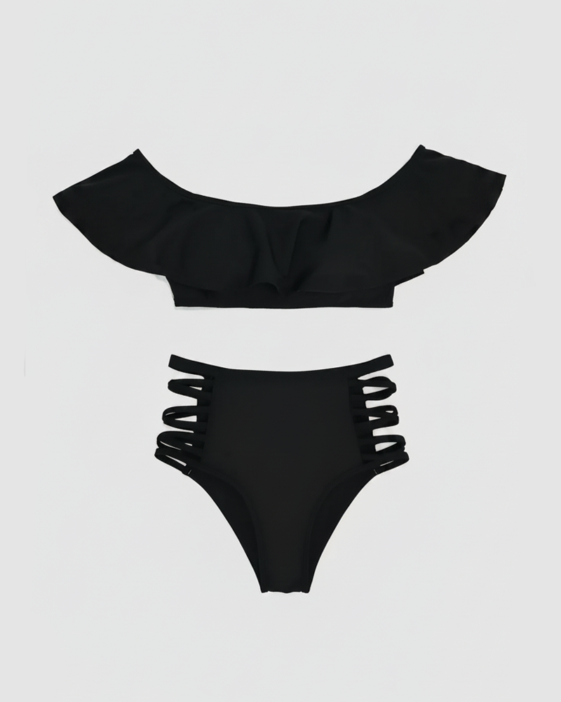 Ruffle Off Shoulder High Waist Cutout Bikini Set