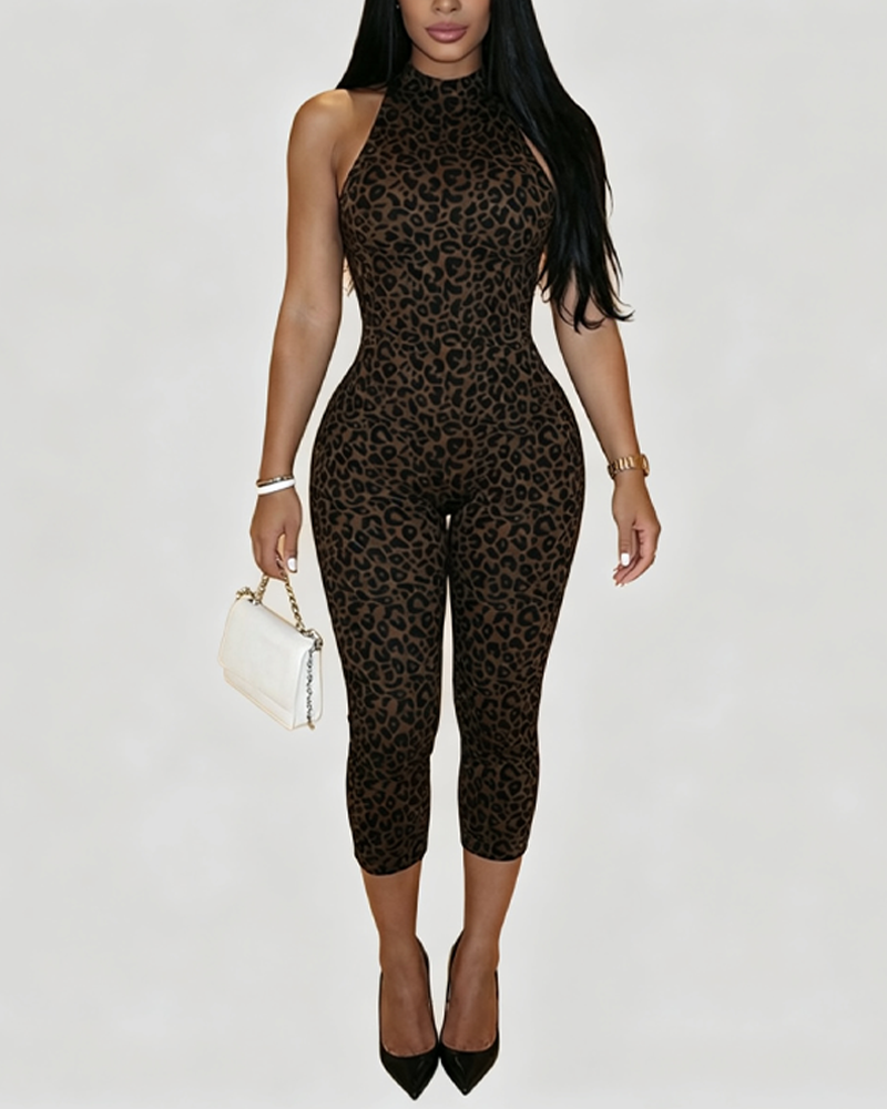 Slim Leopard Print Halter Open Back Capri Jumpsuit