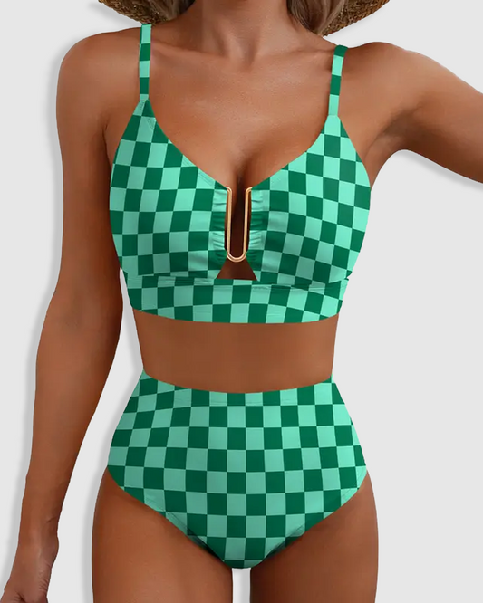 Printed High-Waist Bikini Set with U Metal Cutout Detail