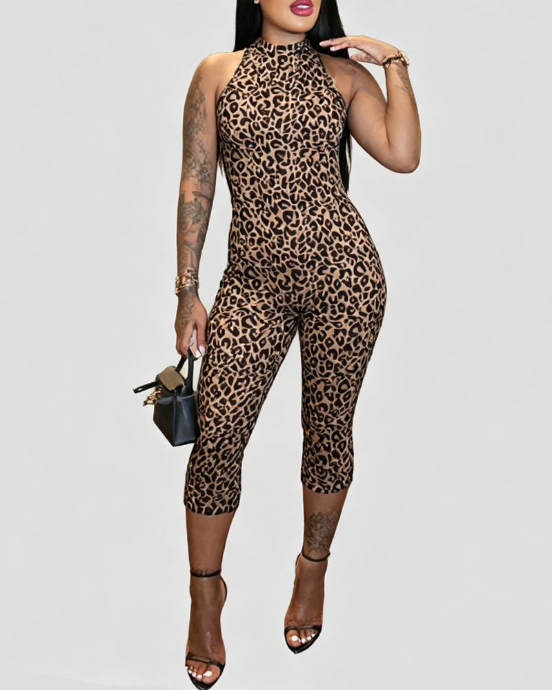 Slim Leopard Print Halter Open Back Capri Jumpsuit