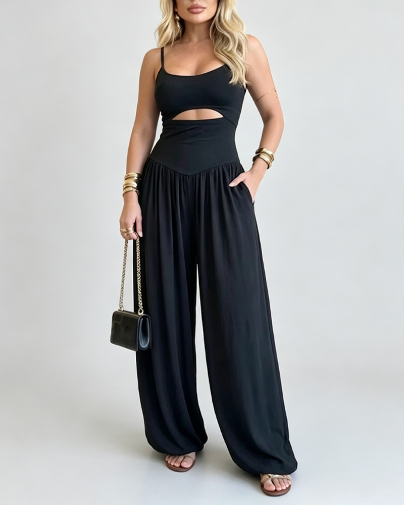 Waist Cutout Tie-Back Flowy Wide Leg Jumpsuit