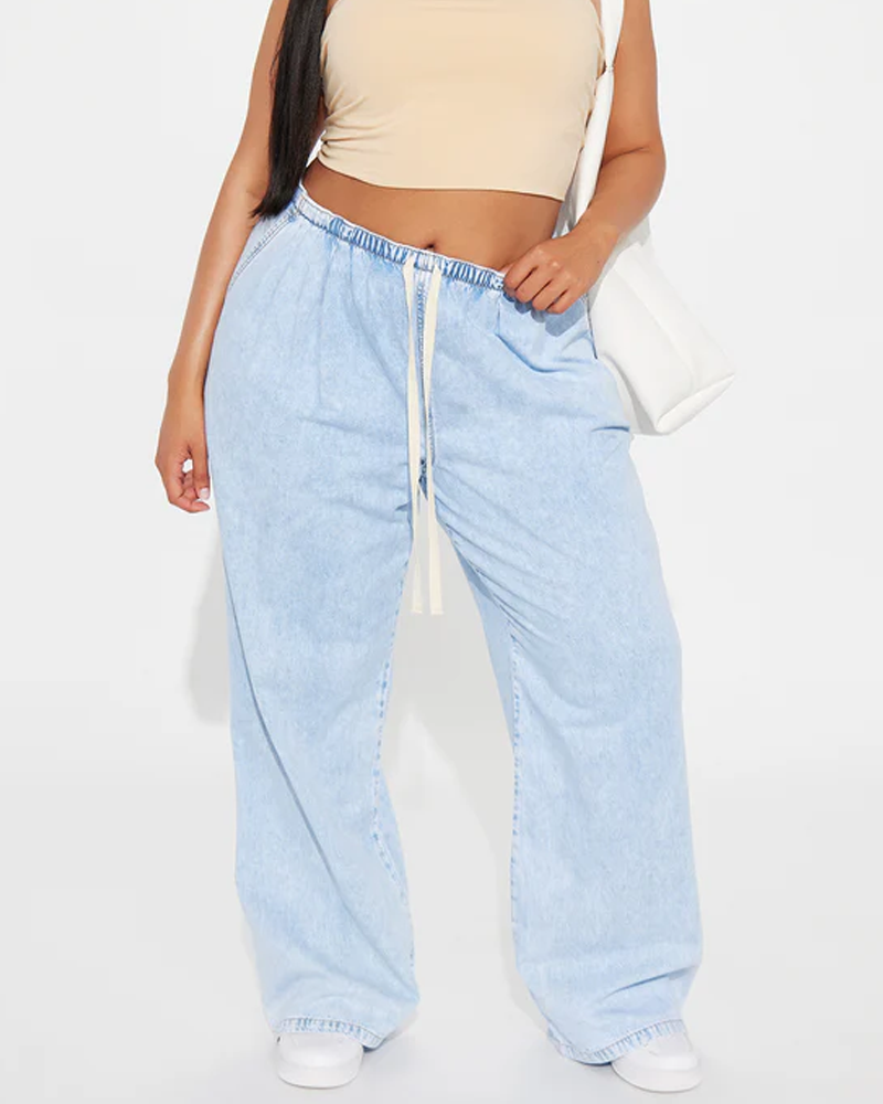 Light Wash Drawstring Elastic Waist Wide Leg Denim Casual Pants（Pre-Sale）