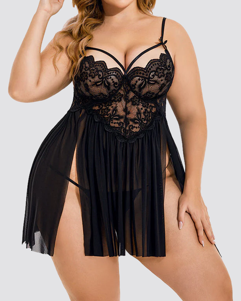 Plus Size Lace Cami Nightgown, Side Slit Mesh Hem Sleepwear
