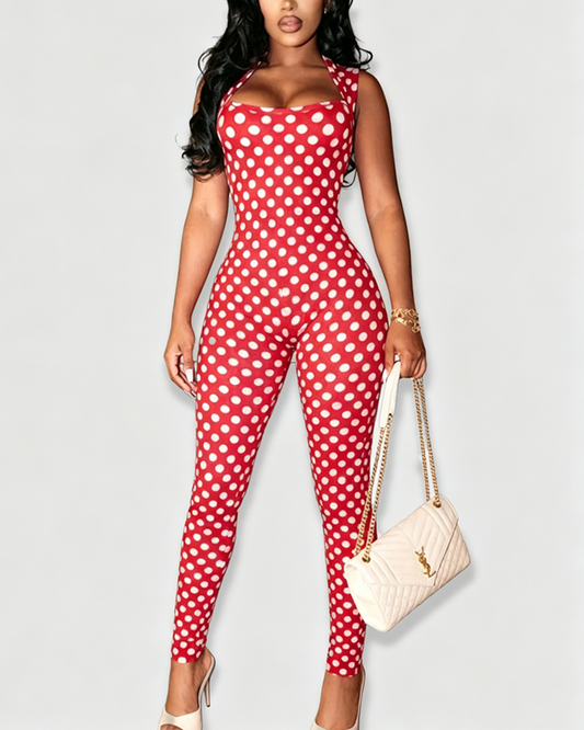 Slim Fit Polka Dot Open Back Sleeveless Bodycon Jumpsuit