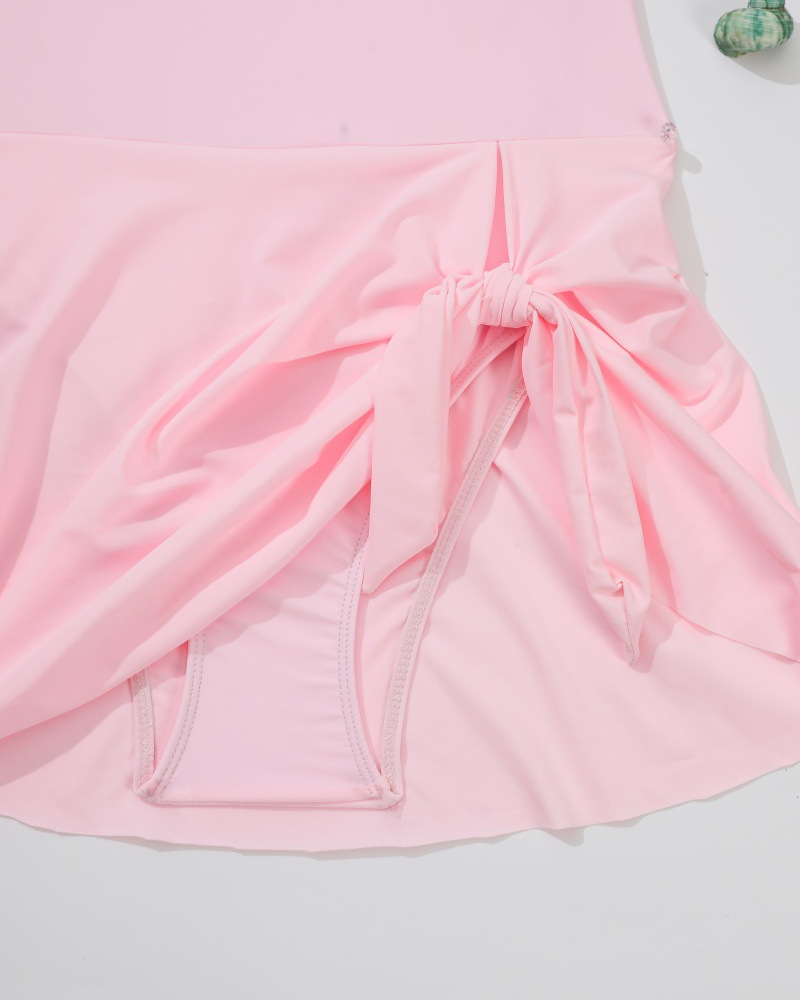 Asymmetrical Hem Pleated And Knotted One-Piece Swimsuit For Beach Vacation