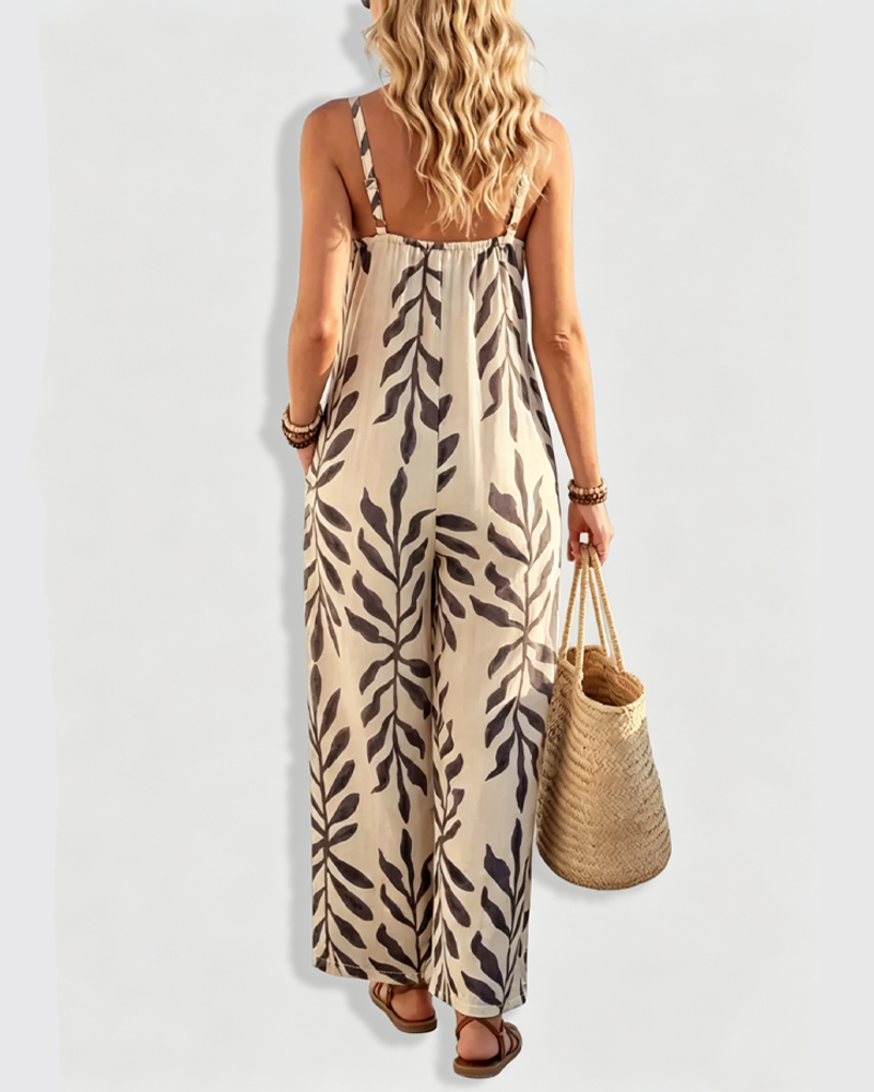 Vacation Printed Boho Spaghetti Strap Wide Leg Jumpsuit