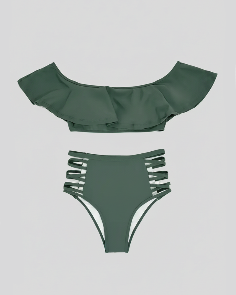 Ruffle Off Shoulder High Waist Cutout Bikini Set