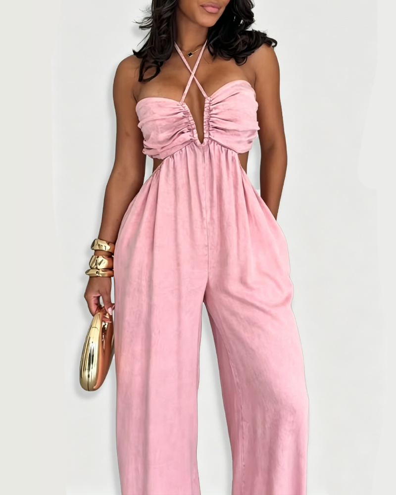 Halter Cutout Side Denim Wide Leg Jumpsuit