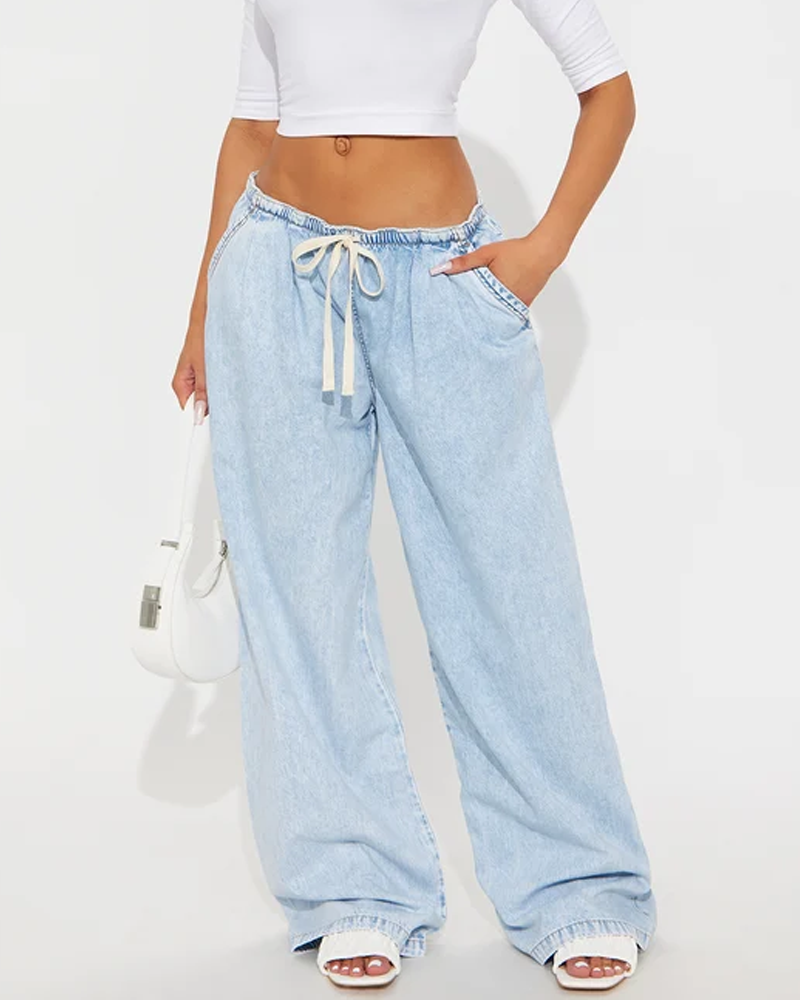 Light Wash Drawstring Elastic Waist Wide Leg Denim Casual Pants（Pre-Sale）