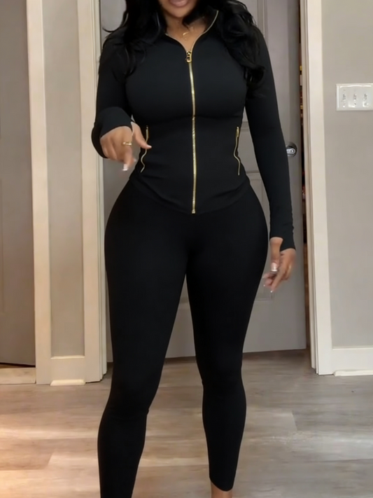 Body Shaping Yoga Set Gold Zip Up Jacket With Pockets（Pre_Sale）