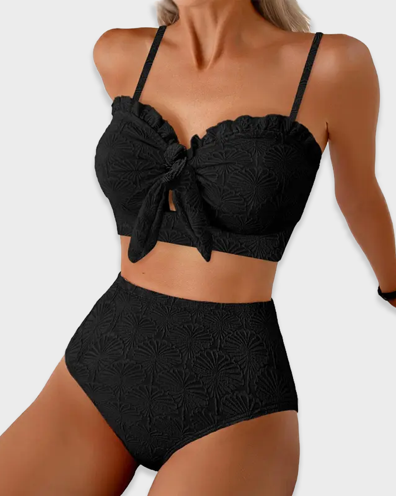 Ruffled Front Self Tie Shell Print Textured 2 Piece Bikini Swimsuit Set