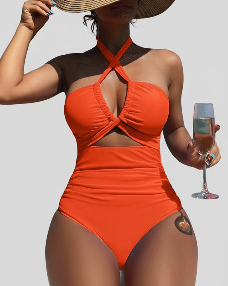 Deep V Cutout Ruched One Piece Swimsuit with Crisscross Open Back