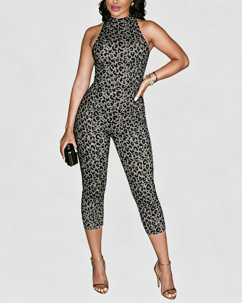 Slim Leopard Print Halter Open Back Capri Jumpsuit